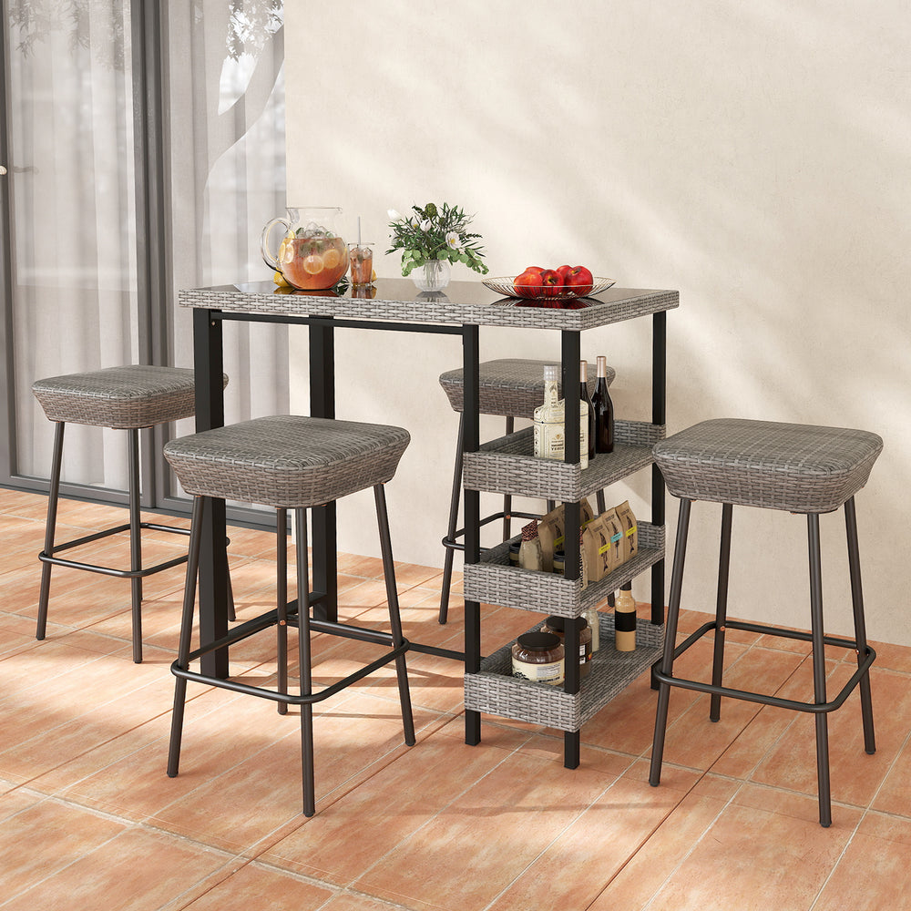Outdoor bar table with tempered glass top, anti-fading rattan, and 3 storage shelves, perfect for poolside gatherings.