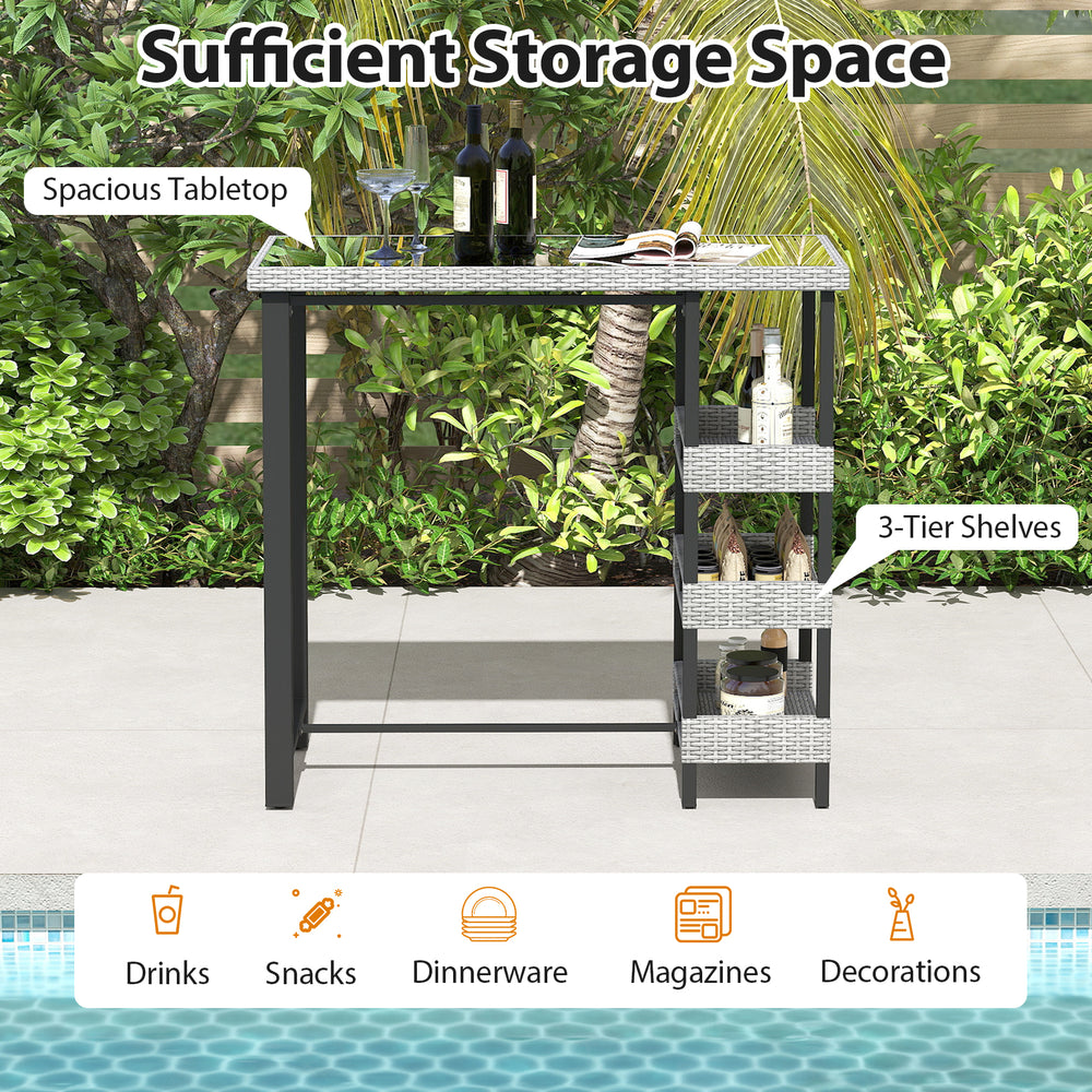 Outdoor bar table with tempered glass top, anti-fading rattan, and 3-tier shelves for organized storage in backyard or.