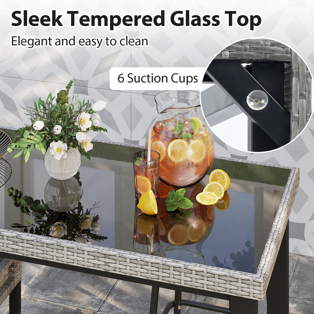 43.5-inch outdoor bar table featuring a sleek tempered glass top, 6 suction cups, and a sturdy rattan design for.