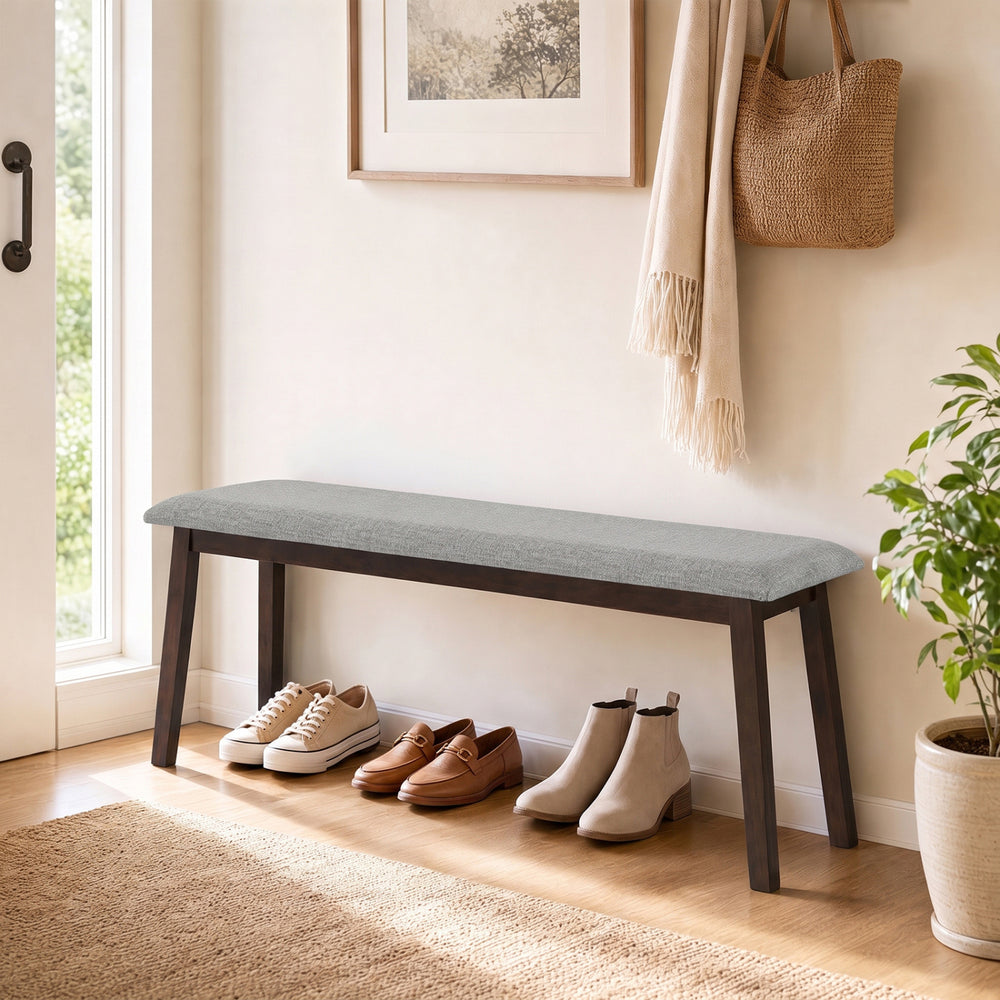Upholstered gray entryway bench with rubber wood frame, accommodating two people, perfect for hallways or bedrooms.