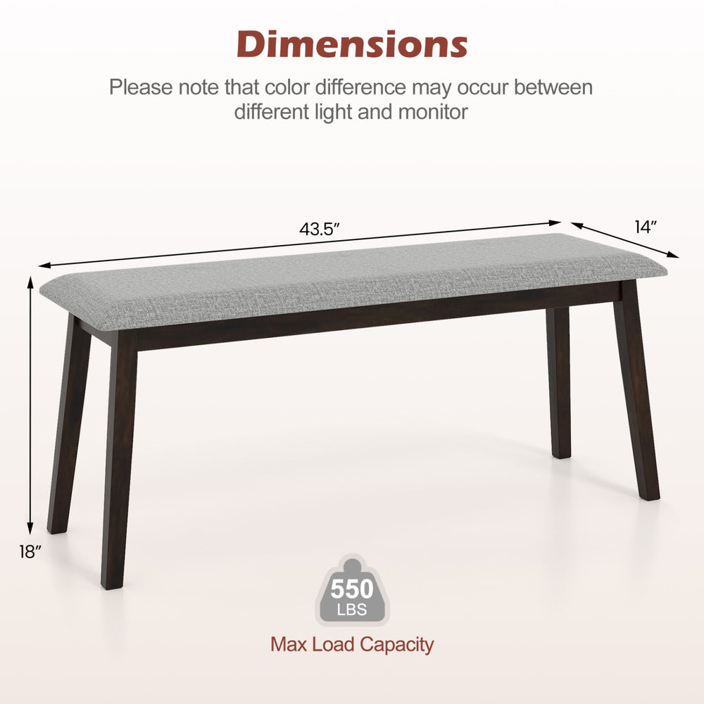 Upholstered entryway bench measuring 43.5 inches with a gray faux linen fabric and solid rubber wood frame for versatile use.