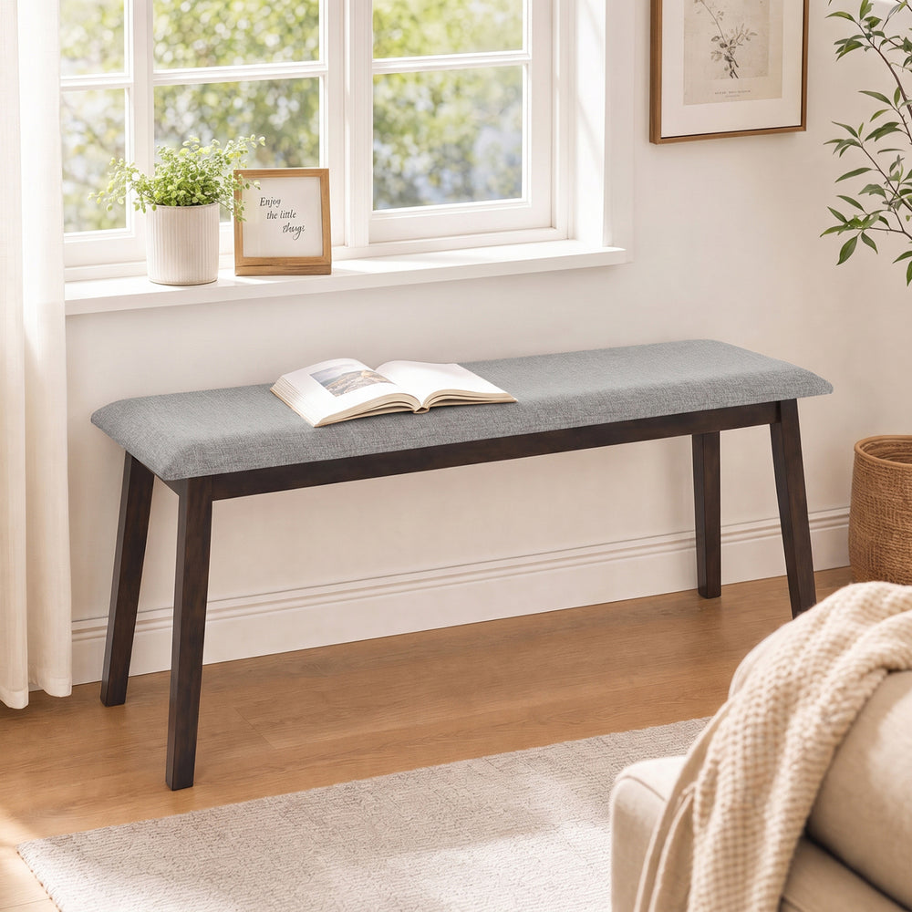 Upholstered 43.5-inch entryway bench in gray with a solid rubber wood frame, perfect for entryways or bedrooms.