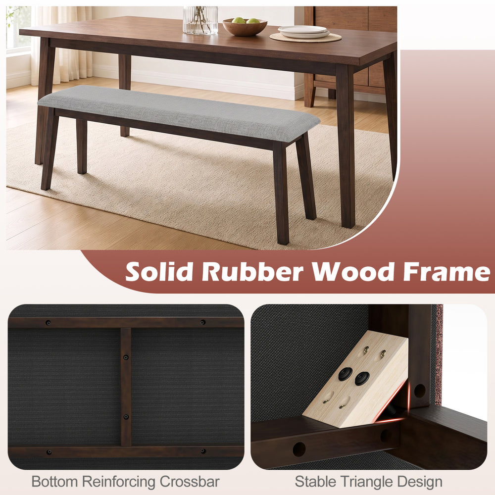 Upholstered 43.5-inch entryway bench with a solid rubber wood frame and gray faux linen fabric for versatile use.