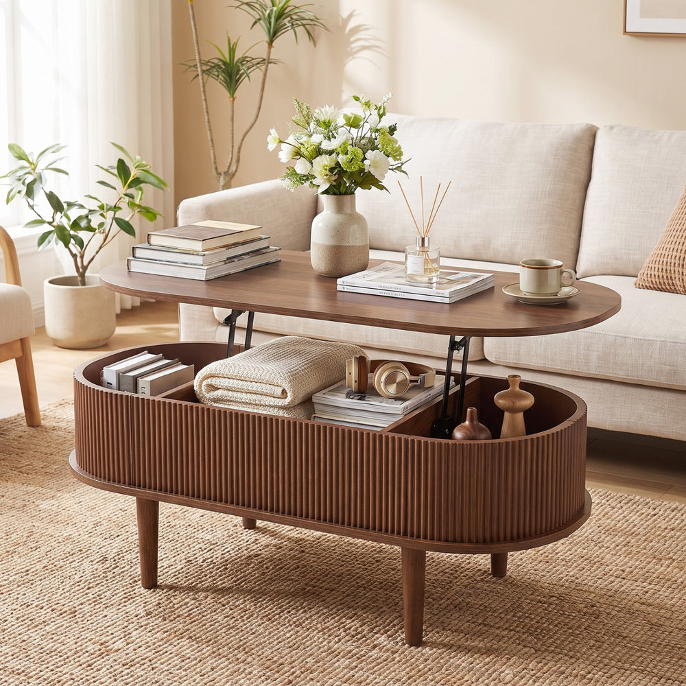 43.5" Oval Lift Top Coffee Table with Storage and Fluted Design for Living Room-Walnut - Gallery View 1 of 10