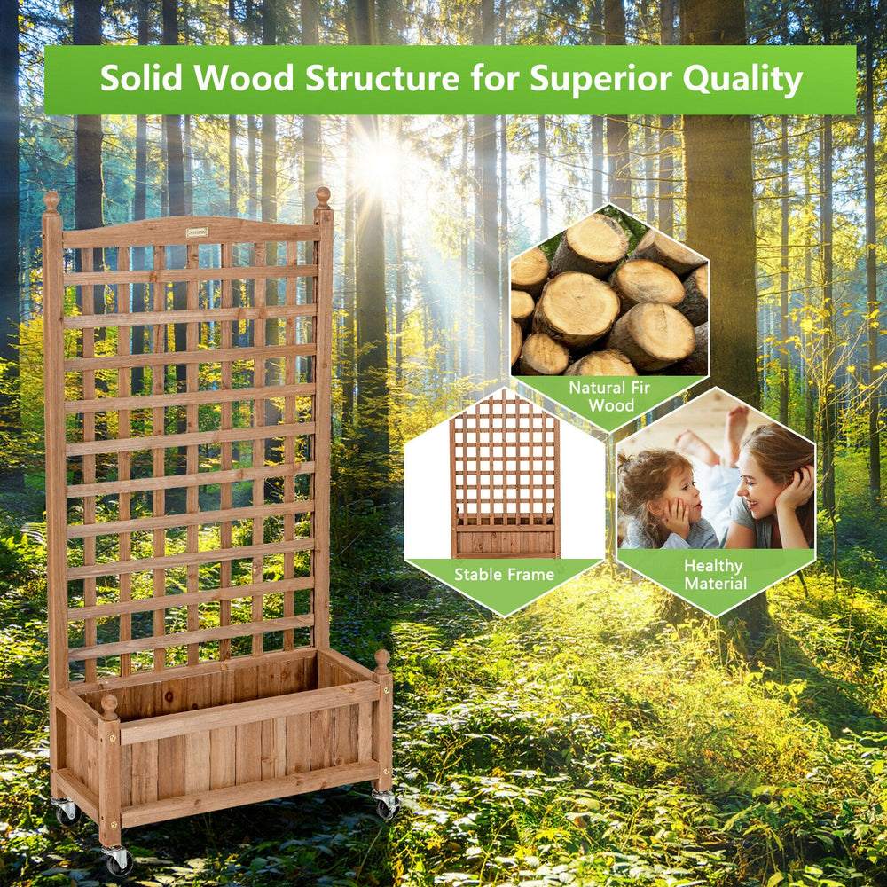 Wood planter box with trellis, made of fir wood, features a 6.5'' deep planting bed and mobile design for climbing.