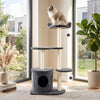 Cat tree with plush perches, sisal scratching posts, and a spacious condo for indoor cats in gray.