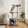 Cat tree with plush perches, sisal scratching posts, and a cozy condo for indoor cats in gray, promoting healthy play.