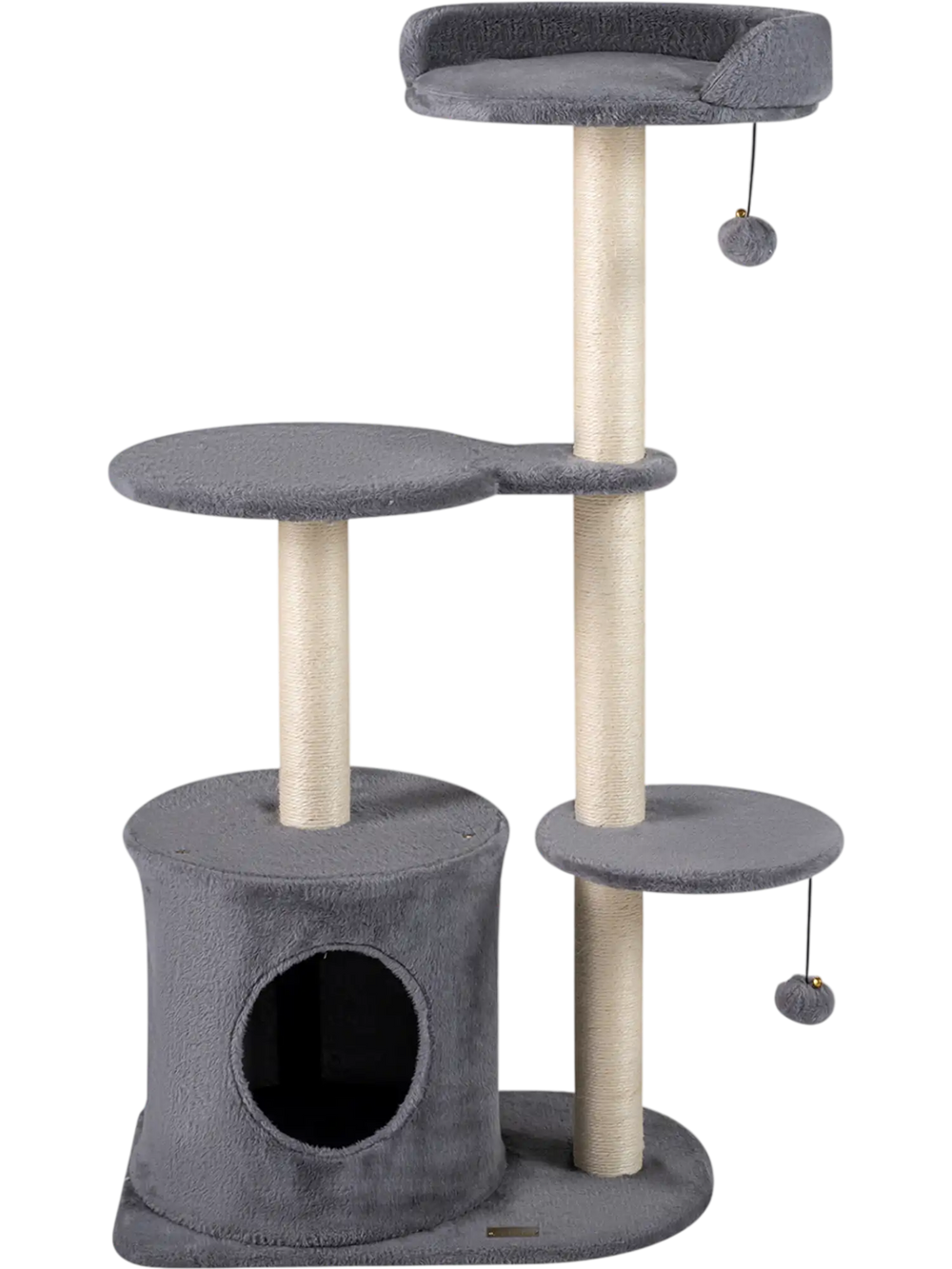 Gray 43" cat tree featuring plush perches, sisal scratching posts, and a cozy condo for indoor cats' comfort.