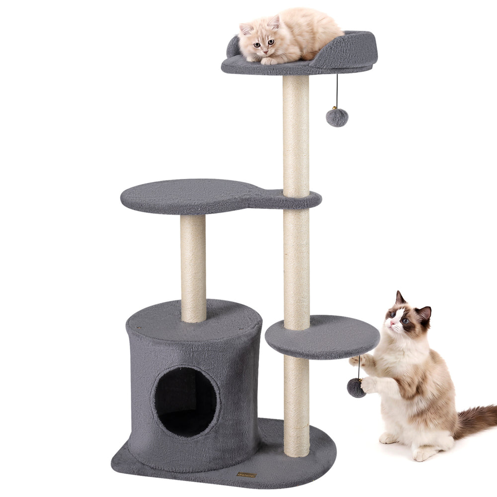 Cat tree with plush perches, scratching posts, and a cozy condo, perfect for indoor cats to explore and relax.