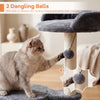 Gray cat tree with plush perches, sisal scratching posts, and 2 dangling balls for indoor cats' play and exploration.