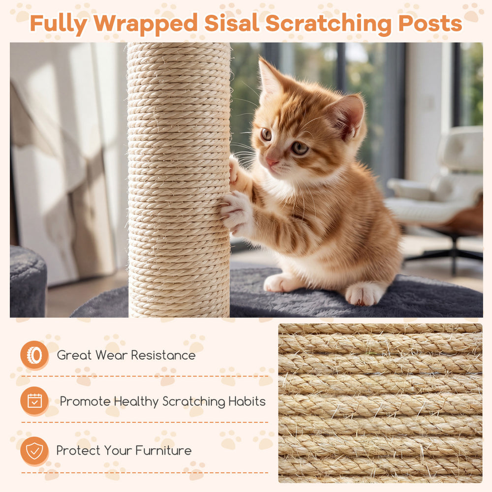Gray 43" cat tree with sisal scratching posts, plush perches, and dangling balls for indoor cat play and relaxation.