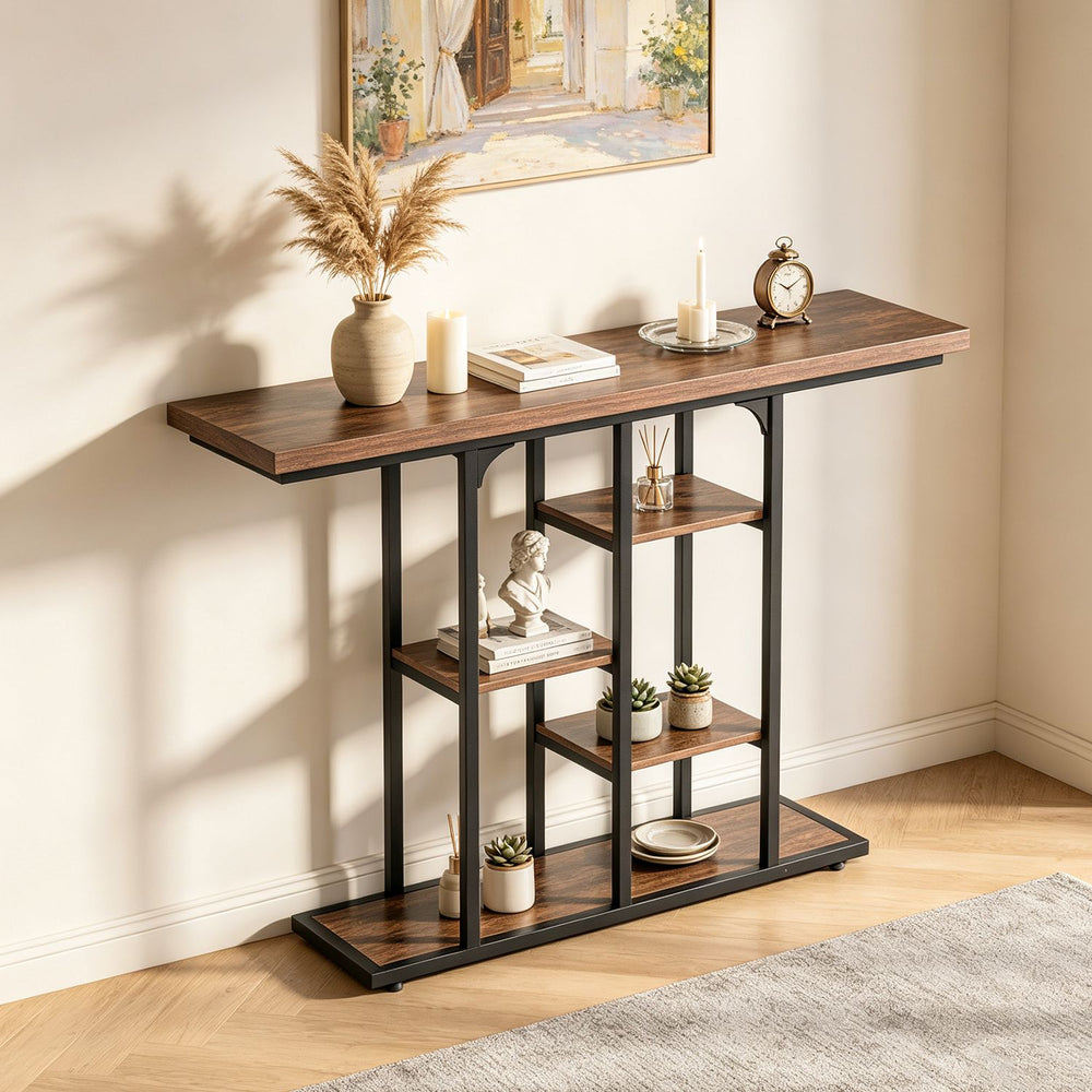 Console table in rustic brown with 5-tier storage shelves, ideal for entryways and living rooms, featuring an industrial design.