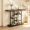 Rustic brown console table with 5-tier shelves and adjustable foot pads, perfect for stylish entryway organization.