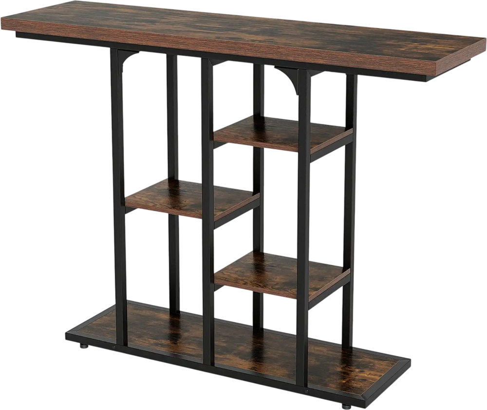 Rustic brown 43" console table with 5-tier storage shelves, featuring an industrial design for entryways or living rooms.
