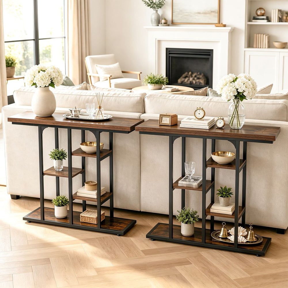 Console table in rustic brown with 5-tier storage shelves, ideal for living rooms and entryways, featuring an industrial design.