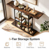Rustic brown 43" console table with 5-tier storage system, ideal for magazines, photos, and potted plants in any room.
