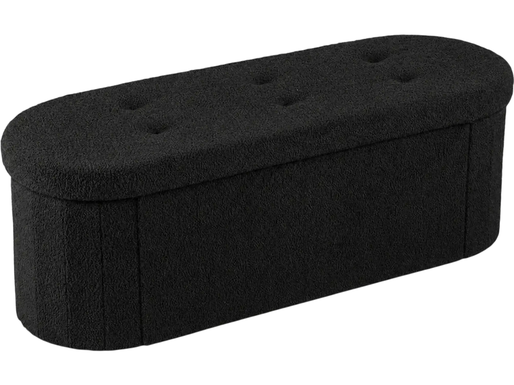 Folding black teddy storage ottoman bench with tufted design, featuring three compartments and removable dividers for organization.