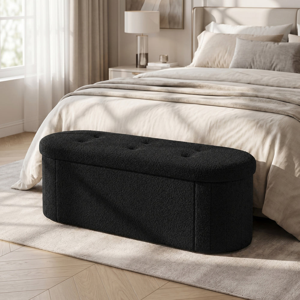Black 43" folding teddy storage ottoman bench with tufted design and three spacious compartments for organized storage.