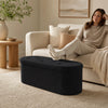 Folding black teddy storage ottoman bench with tufted design and three compartments for organized living room storage.