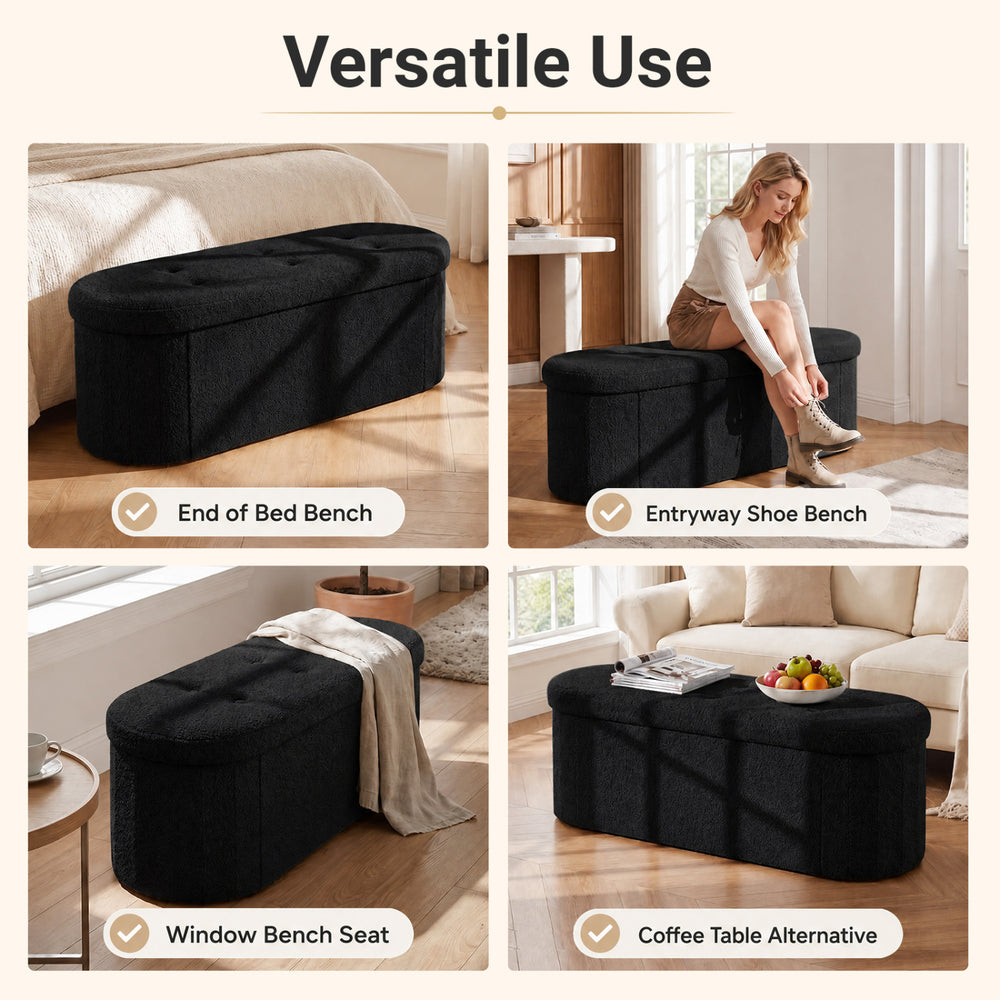 Folding teddy storage ottoman bench in black features three compartments, ideal for entryway or as a stylish coffee table alternative.