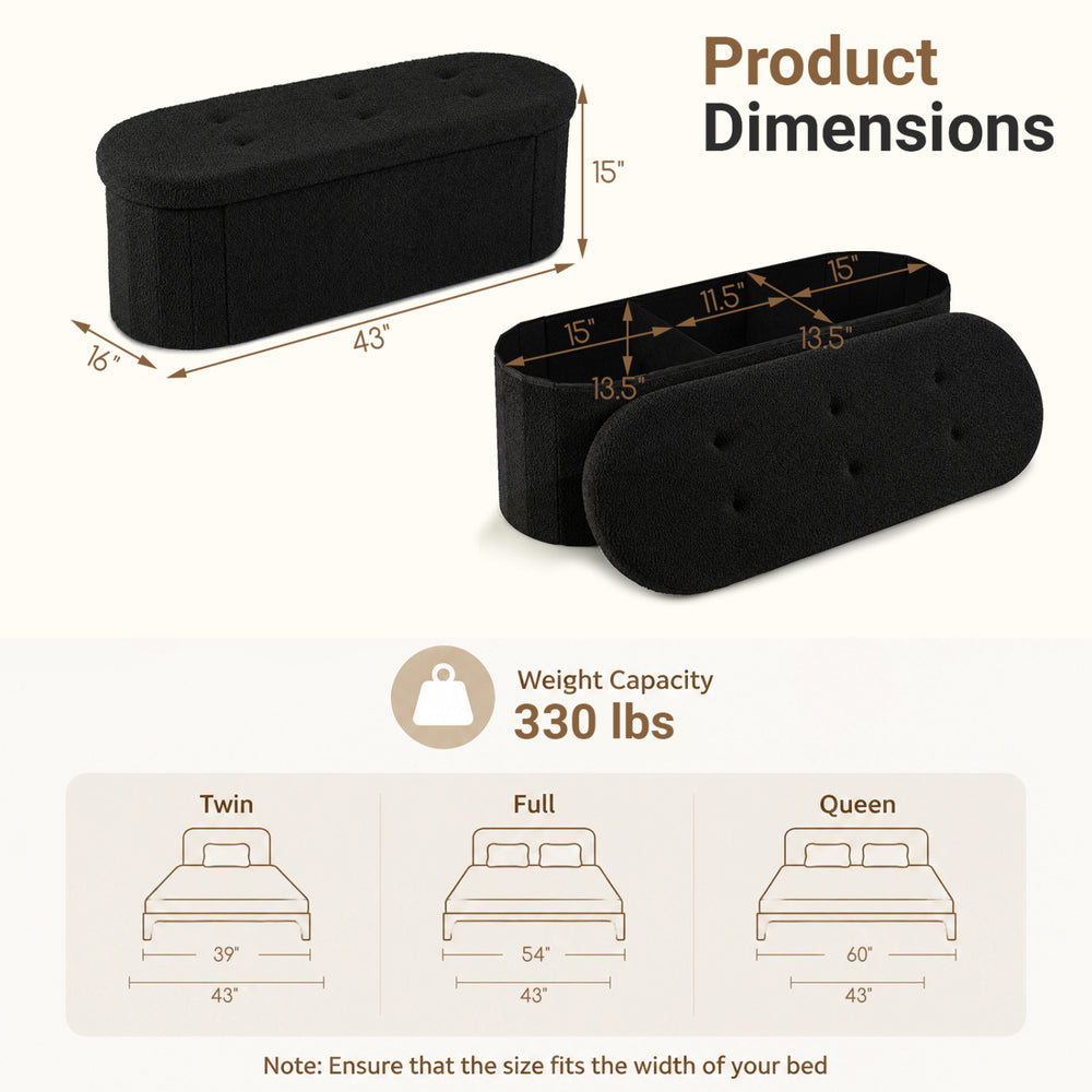 Folding black teddy storage ottoman bench with dividers, featuring 33-gallon capacity for organized living room or bedroom use.