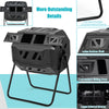 Dual-chamber 43-gallon compost tumbler with sliding doors, made of durable iron and PP for efficient composting.