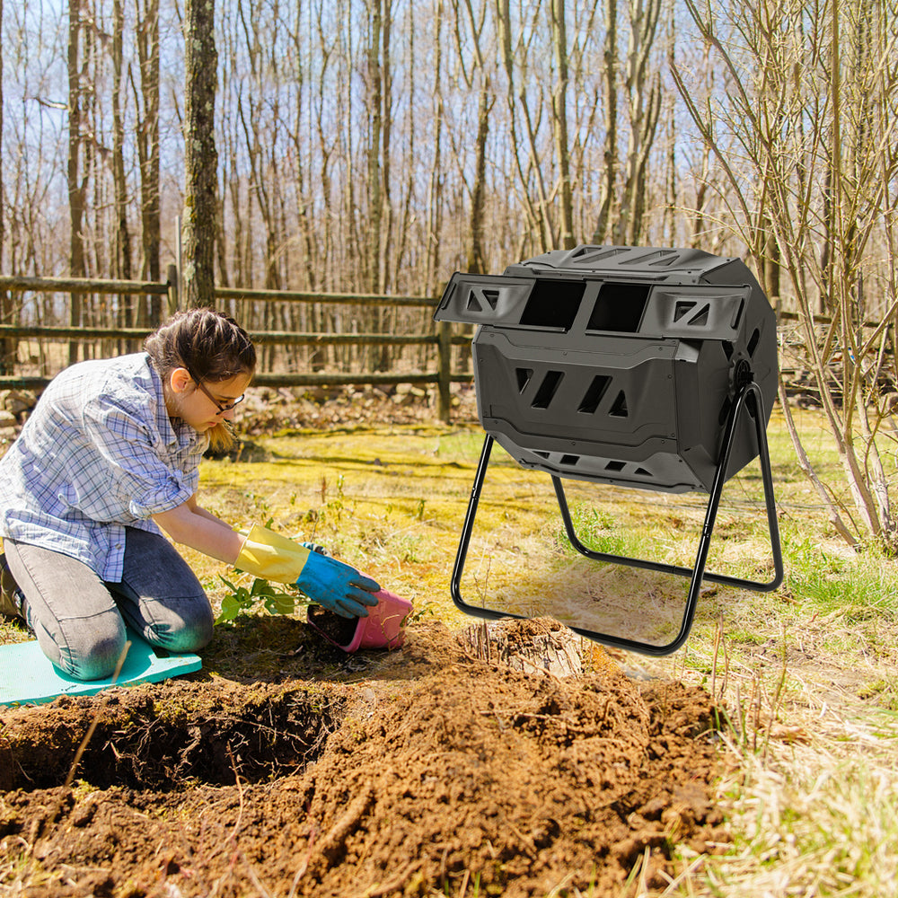 43-gallon composting tumbler bin with dual chambers, ideal for efficient garden composting and waste recycling.