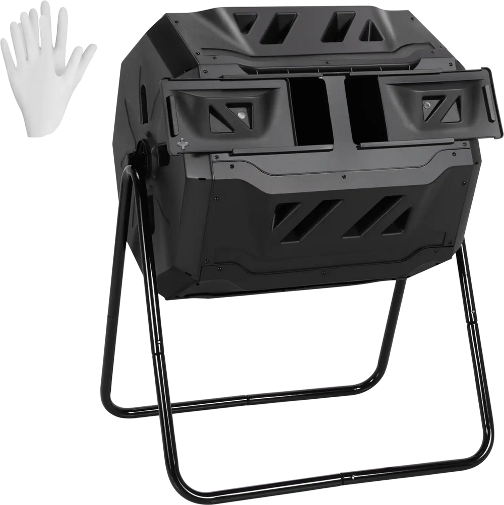 43-gallon composting tumbler bin with dual rotating chambers, made from durable iron and PP, ideal for efficient.