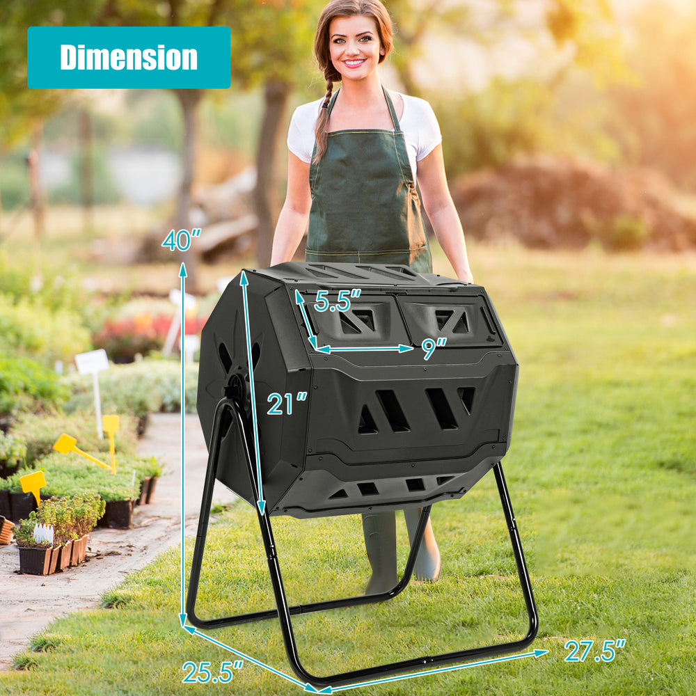 43-gallon composting tumbler with dual rotating chamber, made of durable iron and PP, ideal for efficient composting.