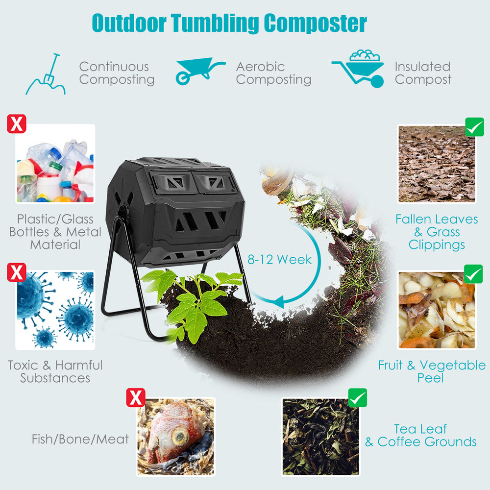 43-gallon dual-chamber compost tumbler with sliding doors, made of durable iron and PP for efficient garden composting.