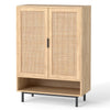43-inch tall shoe cabinet with double doors, natural finish, rattan decorations, and adjustable shelves for versatile.