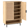 43-inch tall shoe cabinet with double doors, natural finish, rattan accents, adjustable shelves for versatile storage.