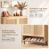 43-inch tall shoe cabinet with natural finish, featuring rattan decor, top area for items, and open compartment for.