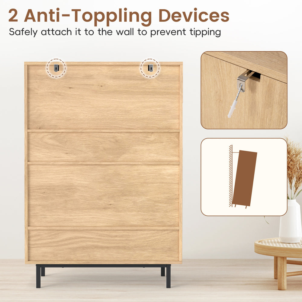 Tall shoe cabinet with natural finish, featuring anti-tipping devices for safety and adjustable shelves for versatile.