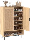Tall 43-inch shoe cabinet with double doors, rattan decor, adjustable shelves, ideal for entryway storage.