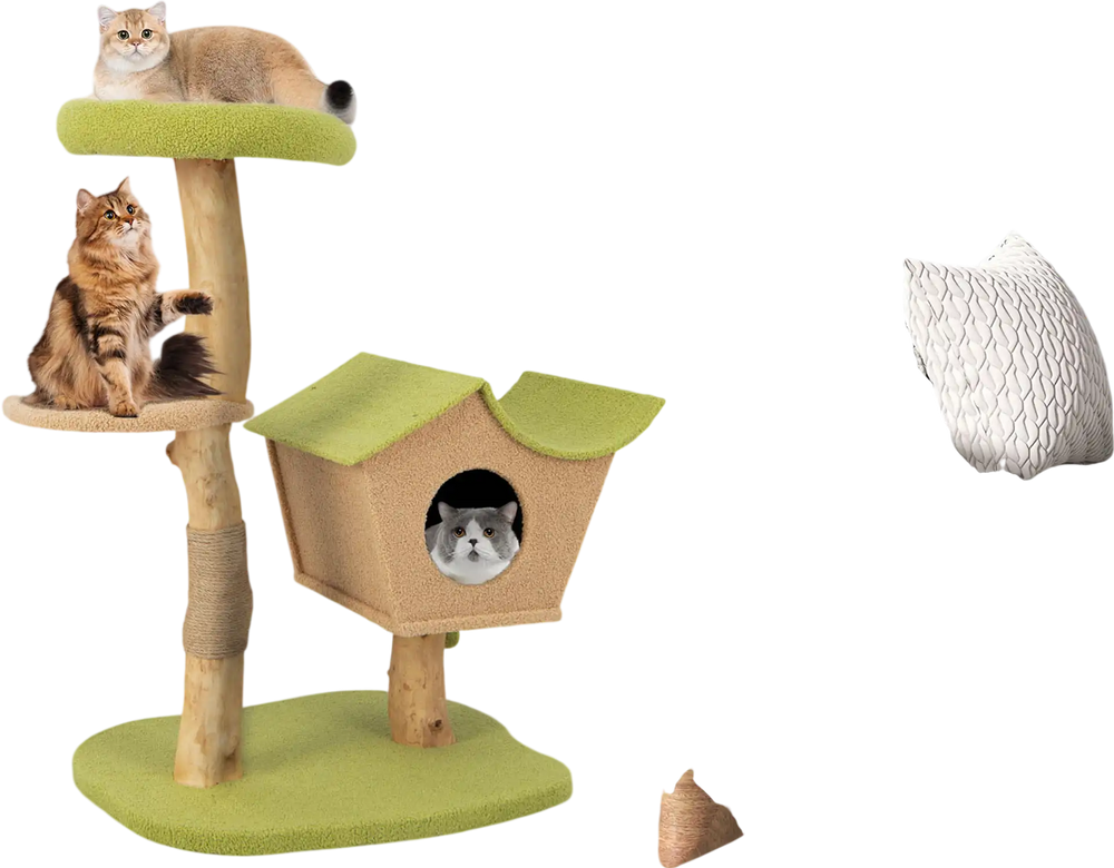 Wooden cat tree with padded top perch in green, featuring a cozy condo and scratching posts for playful cats.