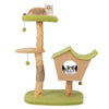 Wooden cat tree with padded top perch and condo, featuring soft plush surfaces and dangling balls for playful cats.
