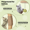 Wooden cat tree with padded top perch, scratching posts, and dangling balls for playful and cozy feline fun.