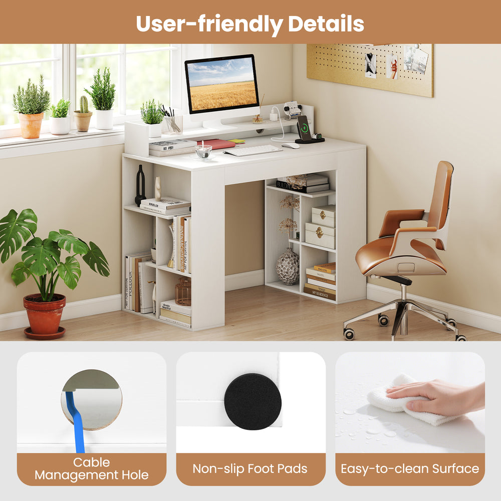 User-friendly details of the 43-inch computer desk, featuring cable management hole and non-slip foot pads for.