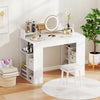 White 43-inch computer desk with built-in power outlets and dual bookcases, perfect for organized workspace use.