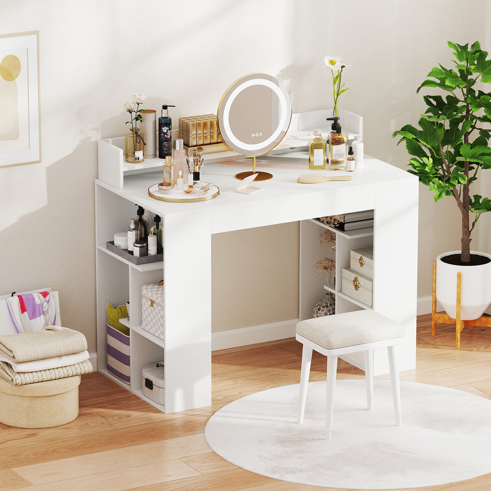 White 43-inch computer desk with built-in power outlets and dual bookcases, perfect for organized workspace use.