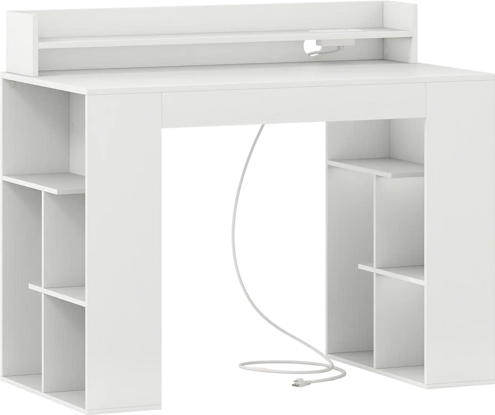 43-inch white computer desk with power outlets, built-in cable hole, and dual 3-tier bookcases for organized storage.
