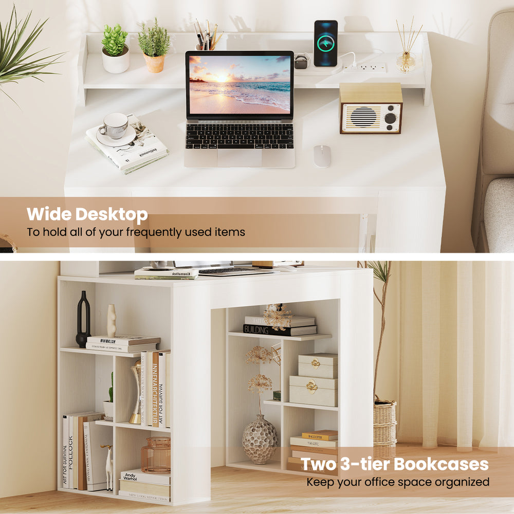 43-inch white computer desk with built-in power outlets and two 3-tier bookcases for organized workspace.