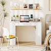 43-inch white computer desk with built-in power outlets and dual geometric bookcases for organized workspace.