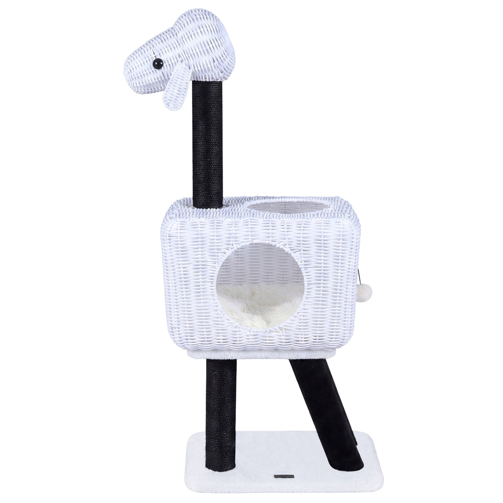 Lamb-shaped cat tower with rattan condo, double doors, and plush cushion for indoor kittens, ideal for playful.