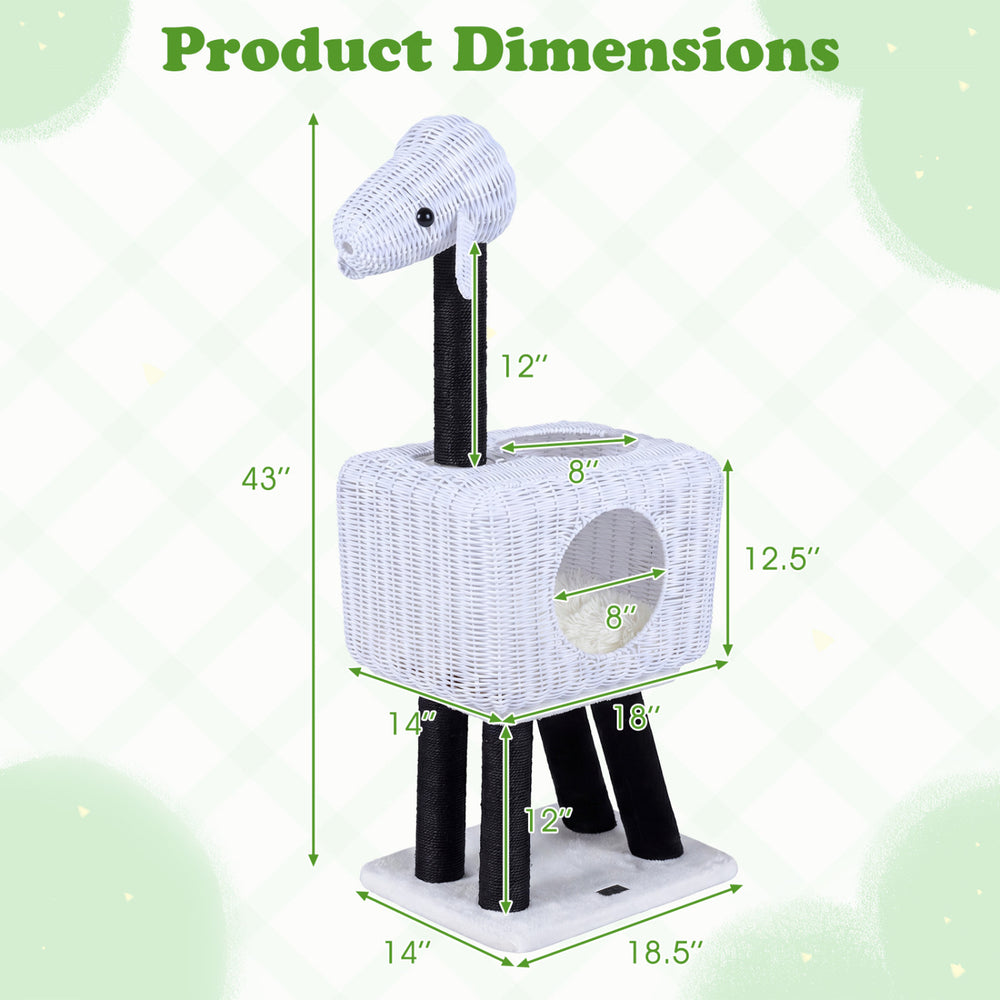 Lamb-shaped cat tower with rattan condo, featuring double doors and a plush cushion for indoor kittens.