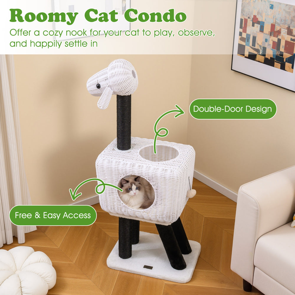 Lamb-shaped cat tower with double-door rattan condo, plush cushion, and natural sisal scratching posts for indoor.