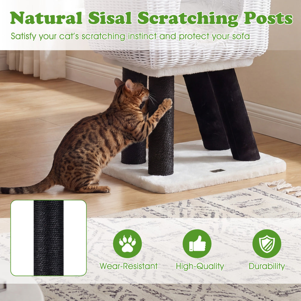 Lamb-shaped cat tower with natural sisal scratching posts, soft plush cushion, and double-door rattan condo for indoor.