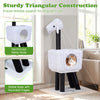 Lamb-shaped cat tower with rattan condo, reinforced metal rods, and plush cushion for indoor kittens in white.
