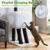 Cat playing with the hanging ball on the 43-inch lamb-shaped cat tower with a cozy rattan condo for indoor kittens.